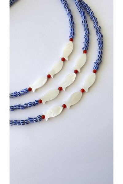 jewine studio Coral Blue Striped Mother of Pearl Fish Glass Bead Necklace