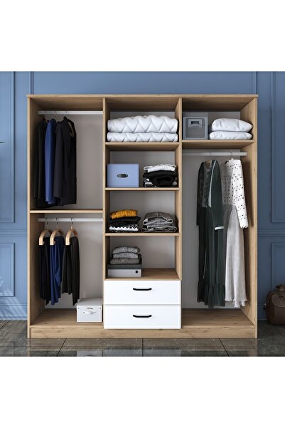 Rani Mobilya Rani Ba115 Geniş Gardırop Elbise Dolabı 6 Kapaklı 2 Çekmeceli 5 Raflı 3 Askılı Sepet Ceviz - Beyaz