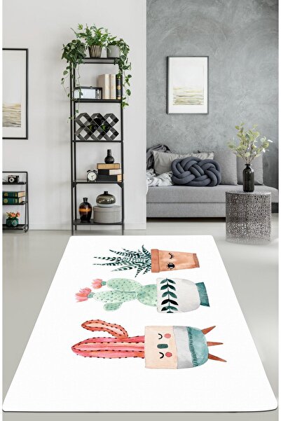 Chilai Home Happy Cactus Ekru Makinede Yıkanabilir Kaymaz Taban Leke Tutmaz D...