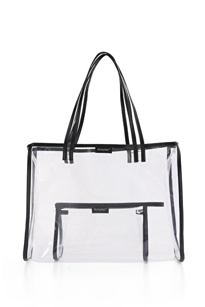 ACEYLAN Şeffaf İkili Plaj Çantası /Siyah Detaylı