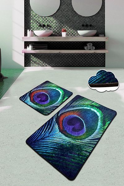 Chilai Home Peacock Σετ 2 Χαλιά Μπάνιου Πλένεται Αντιολισθητική Βάση Σετ Καθίσματος Τουαλέτας Djtbanyo