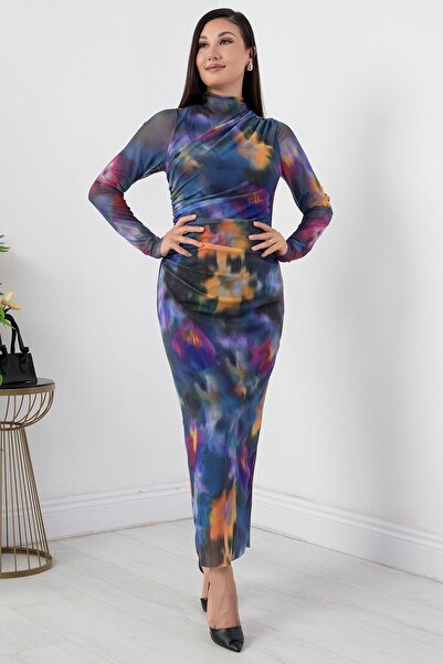 PULLIMM Beli Büzgülü Uzun Kol Tül Elbise GRS3328