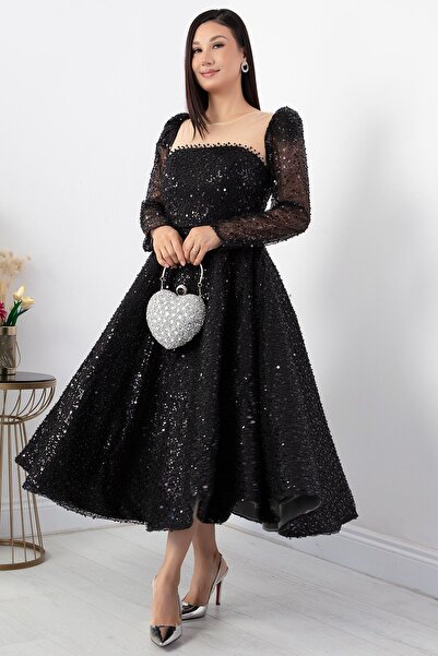 PULLIMM Sequin Tulle Detailed Chest Tulle Dress - Ecr5809