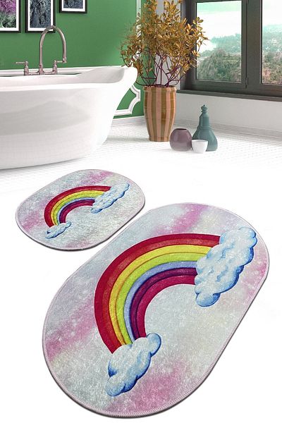 Chilai Home Set de 2 covoare de baie Leno Set de scaun de toaletă cu bază anti-alunecare