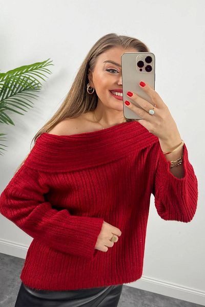 Didem Butik Tricotaje roșii Guler Madonna Pulover moale Bluză completă