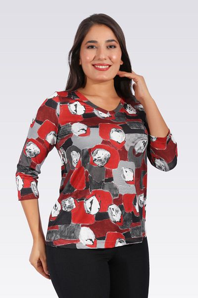 TOLGA SARAÇOĞLU 10387 Red V-Neck Truvacar Sleeve Patterned Knitted Bluz
