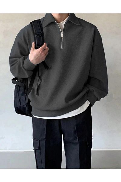 GENIUS STORE Übergroßes Herren-Sweatshirt mit Polokragen – halber Reißverschluss