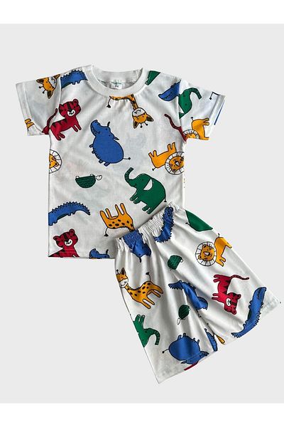Fil Kids Set de pijamale cu mânecă scurtă pentru băiat, din bumbac, alb, cu modele de animale Safari