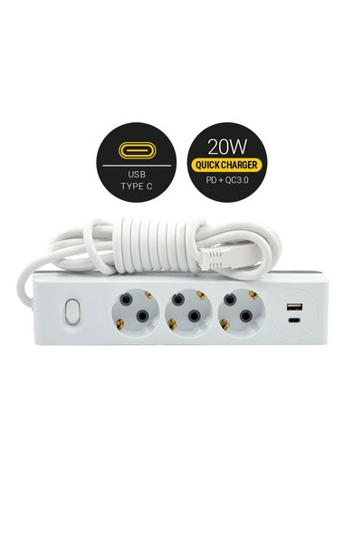 Günsan 20W QC3.0 PD Type-C + USB Çift Çıkışlı Üçlü Çocuk Korumalı Topraklı An...