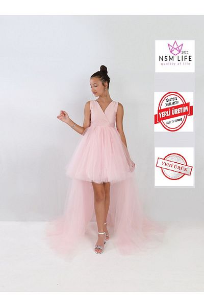 2021 NSM LİFE quality of life Κοριτσίστικο φόρεμα για πάρτι γενεθλίων και αποφοίτησης - πούδρα, κοντή μπροστά και μακριά φούστα χορού