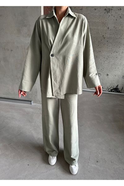 Laluvia Khakifarbenes Kimono- und Hosen-Set aus 100 % Baumwolle – Einzelknopf, zweireihiger Verschluss