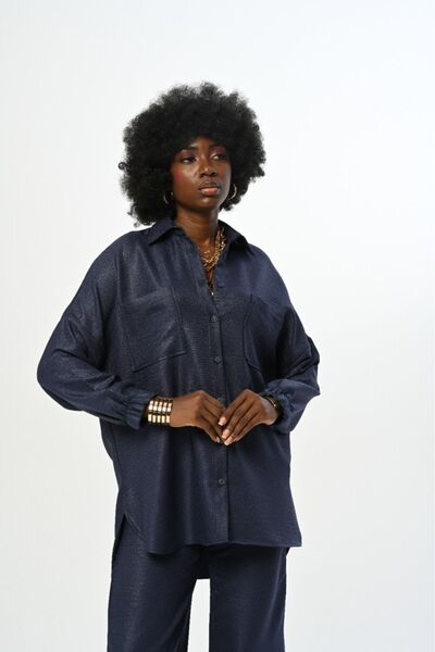 Orfeo Negro Γυναικείο πουκάμισο Oversize - Μονόχρωμο, Διπλή Τσέπη, Μανίκια με κορδόνια