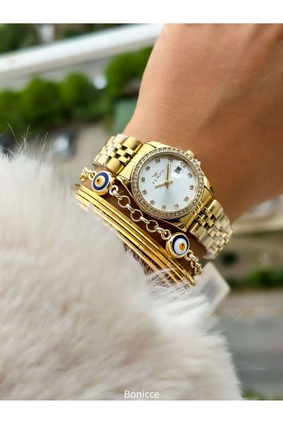 FERRO Steel Cord Gold Color, Waterproof, Guaranteed, Rhinestoned Women's Wristwatch + Bracelet