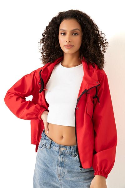 Riverstorm Women's Red Waterproof Wind Resistant Hooded Raincoat - Seasonal with Pockets