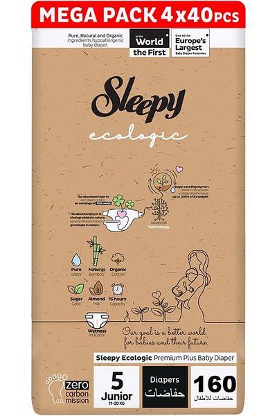 Sleepy Ecologic Size 5 | 160 Count | 3-6Kg Diapers | Hypoallergenic | Organic | 100% Leakproof