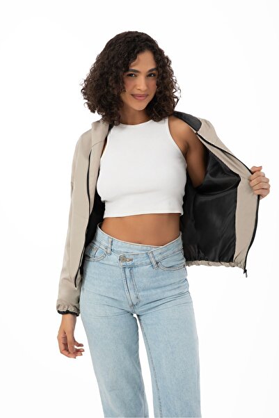 Montup Women's Stone Hooded Waterproof and Windproof Oversized Seasonal Raincoat with Pockets