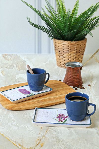 Keramika Set de prezentare cafea din piatră naturală cu flori anatolice 4 bucăți pentru 2 persoane 20256-58