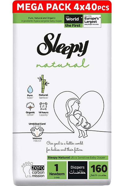 Sleepy Natural Size 1 | 40 Count | 2-5Kg Diapers | Plant-Based | Skin Protection | 100% Dry
