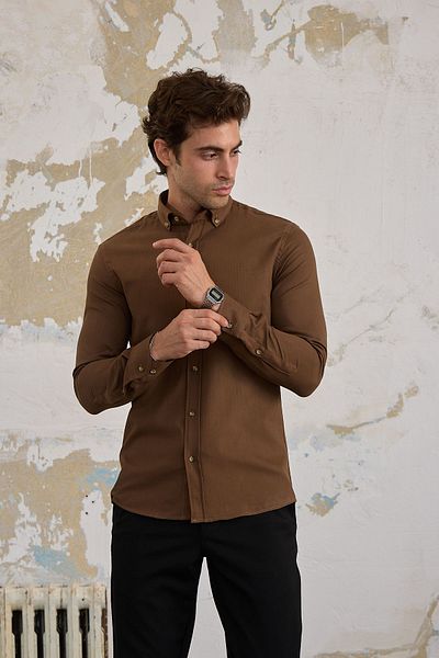 RAVANELLI Men's Slim Fit Shirt - Cotton, Corduroy, Buttoned Collar