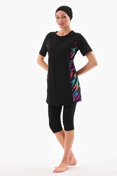 medipek Halbgeschlossener Hijab-Badeanzug aus Lycra in Schwarz mit Muster