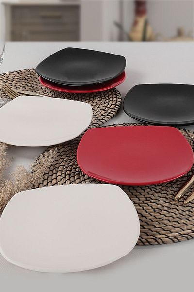 Keramika Mix Cream-Red-Black Corner Cake Plate 22 Cm 6 Pieces