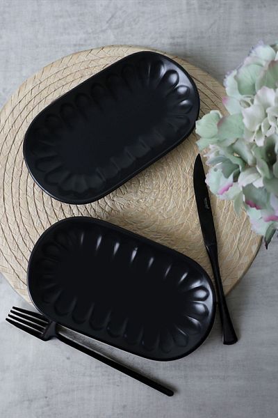 Keramika Matte Black Almond Boat Plate 22 Cm 2 Pieces 956