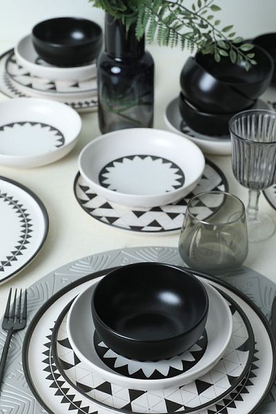 Keramika Black Pattern Nordic Dining Set 24 Pieces for 6 People 21478-79-80