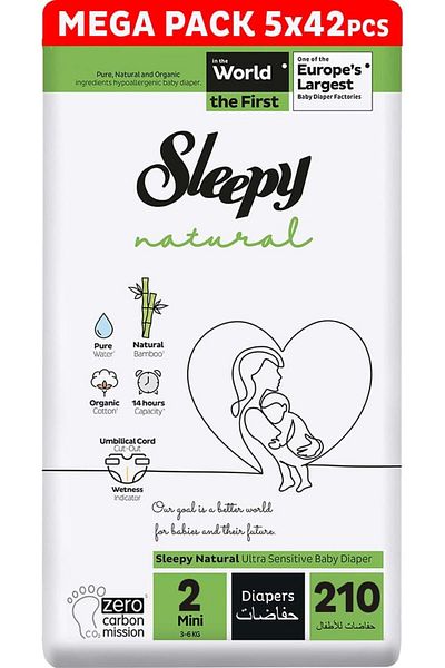 Sleepy Natural Size 2 | 210 Count | 2-5Kg Diapers | 5X42 Bamboo | 100% Dryness