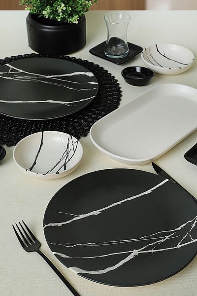 Keramika Set mic dejun din marmură albă neagră 11 bucăți pentru 2 persoane 17950-17951