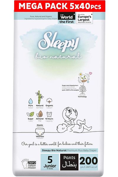 Sleepy Bio Natural Pants Size 5|200 count|Organic|Comfort|Absorbent|Eco-Friendly|Hypoallergenic