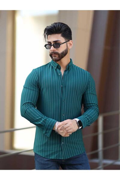 DEFES Men's Regular Striped Shirt Collar Long Sleeve Soft Shirt