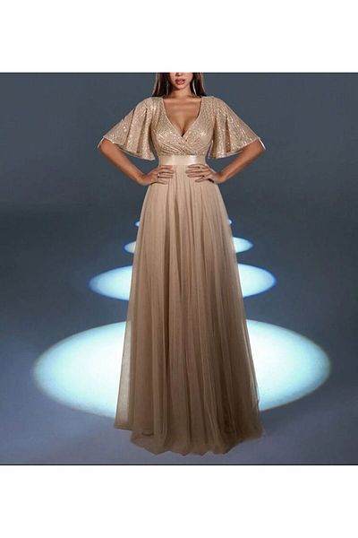 Styling Park V-Neck Chiffon Maxi Evening Dress - Sequin Detail, Short Sleeve