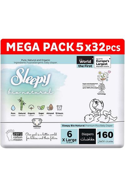 Sleepy Bio Natural Size 6 | 160 Count | 2-5Kg Diapers | Almond Milk | Vegan | 100% Leakproof