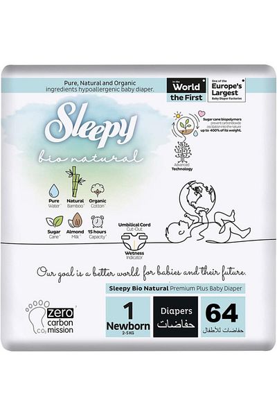 Sleepy Bio Natural Size 1 | 64 Count | 2-5Kg Diapers | Almond Milk | Vegan | 100% Leakproof