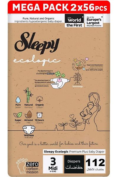 Sleepy Ecologic Size 3 | 112 Count | Plant-Based Diapers | Organic | 100% Leakproof