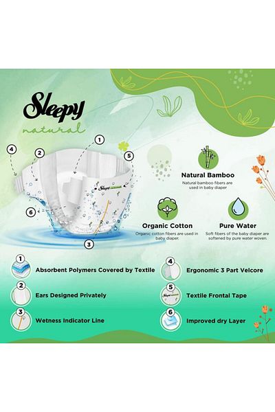 Sleepy Natural Size 6 | 120 Count | 15-25Kg Diapers | 6X20 Bamboo | 100% Dry