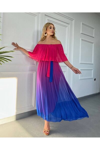 S&A Collectionn Kadın Madonna Yaka Omzu Açık Piliseli Renkli Degrade Maxi Tül...