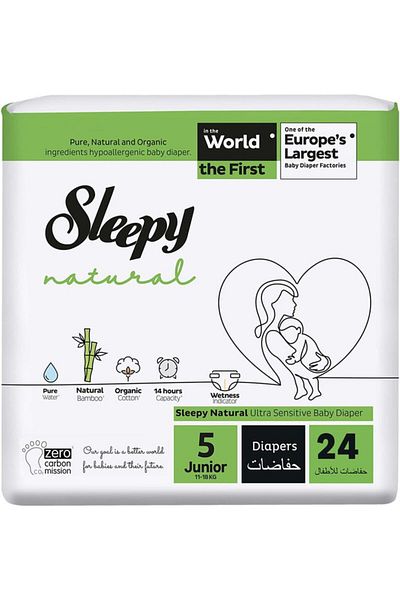 Sleepy Natural Size 5 | 24 Count | 11-15Kg Diapers | Organic Cotton | Bamboo | 100% Dry