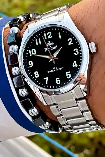 Bentini Thin Case Steel Men's Wrist Watch - 2 Years Warranty, Night Vision Bracelet Gift