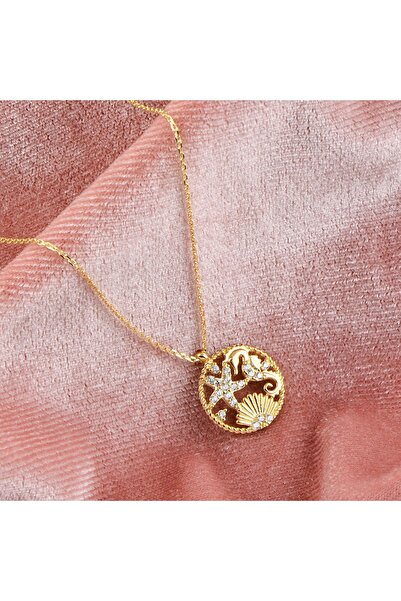 ANGELSS JEWELLERY Deniz Ürünleri Motifli Zirkon Kolye -Gold Trend Çelik Kolye (Deniz Yıldızı Deniz Atı Modelli)
