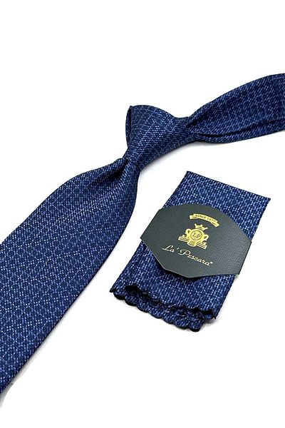 Kravatkolik Navy Blue Tie with Handkerchief - Dot Pattern, Classic KK12586