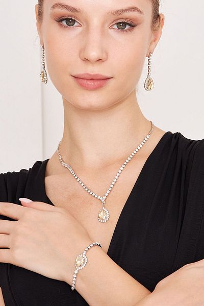 Furtek Aksesuar Women's Zafiros Model Gold Zircon Stone Diamond Silver Waterway Necklace Earring Bracelet Combination Jewelry Set