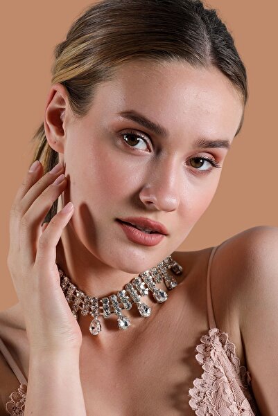 Furtek Aksesuar Kadın Elegante Model Kristal Zirkon Taşlı Gümüş Pırlanta Abiye Gerdanlık Düğün Söz Kına Parti Kolye