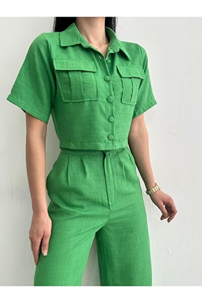Genel Markalar İkmal Keten Gömlek Ceket Pantolon Kadın Takım Yeşil