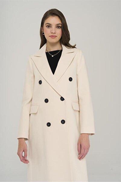 Olcay Jacket Collar Medium Length Double Breasted Coat EKRU 3910