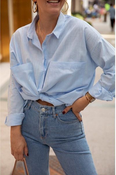 Cream&Rouge Women's Blue Linen Shirt with Pockets