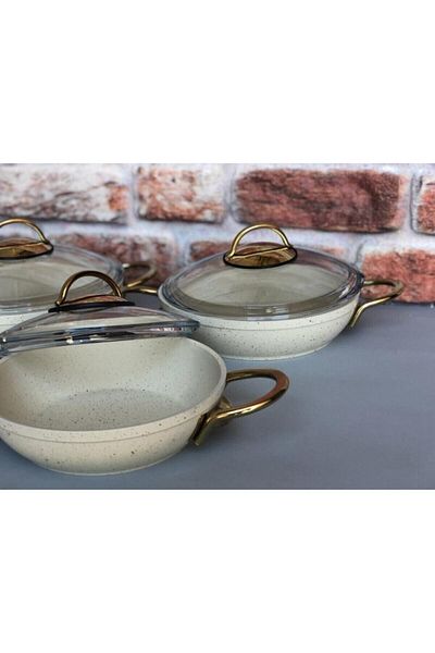 Özkent Cast Cream Gold Handle Granite Pan Set of 3