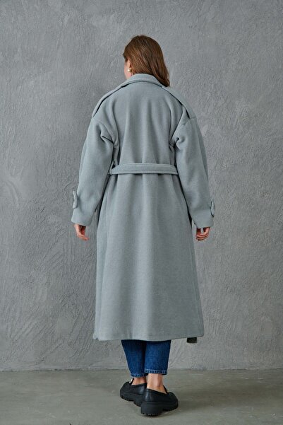 vuvutasarım Gray Midi Coat - Double Breasted Collar, Belted, Long Sleeve, Lined 9002