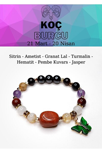 LEMURYANSTONE KOÇ BURCU KADIN BİLEKLİĞİ SİTRİN-AMETİST-LAL-TURMALİN-HEMATİT-P...