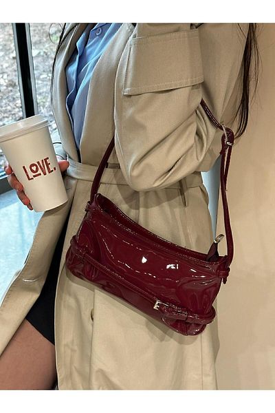 NİSSEA Patent Leather Retro Claret Red Bag with Belt Detail